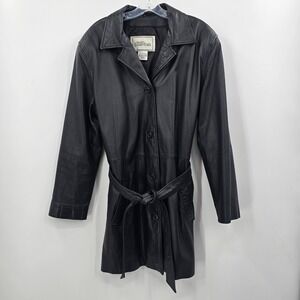 Modern‎ Essentials Jacket Womens Large Black Genuine Leather Trench Coat Belted